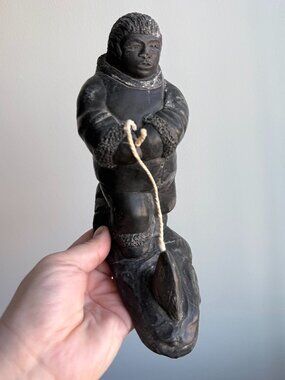 Vintage The Wolf Soapstone Inuit Fisherman Arctic Life Sculpture